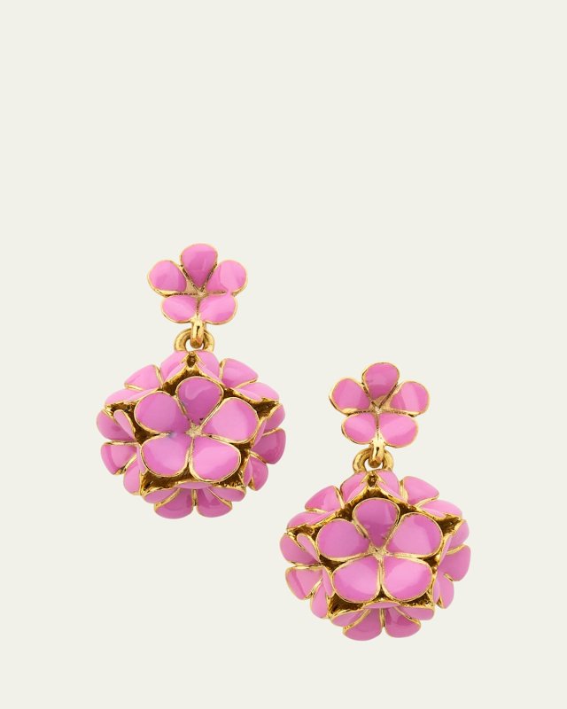 Enamel Flower Pompon Earrings